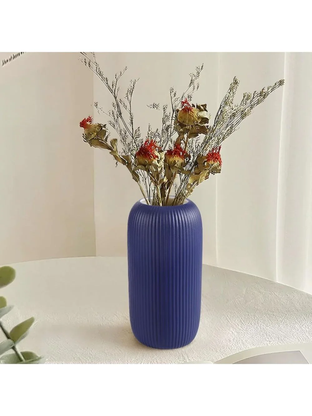 Modern Small Navy Blue Ceramic Vase Flower Ribbed Textured Farmhouse Home Living